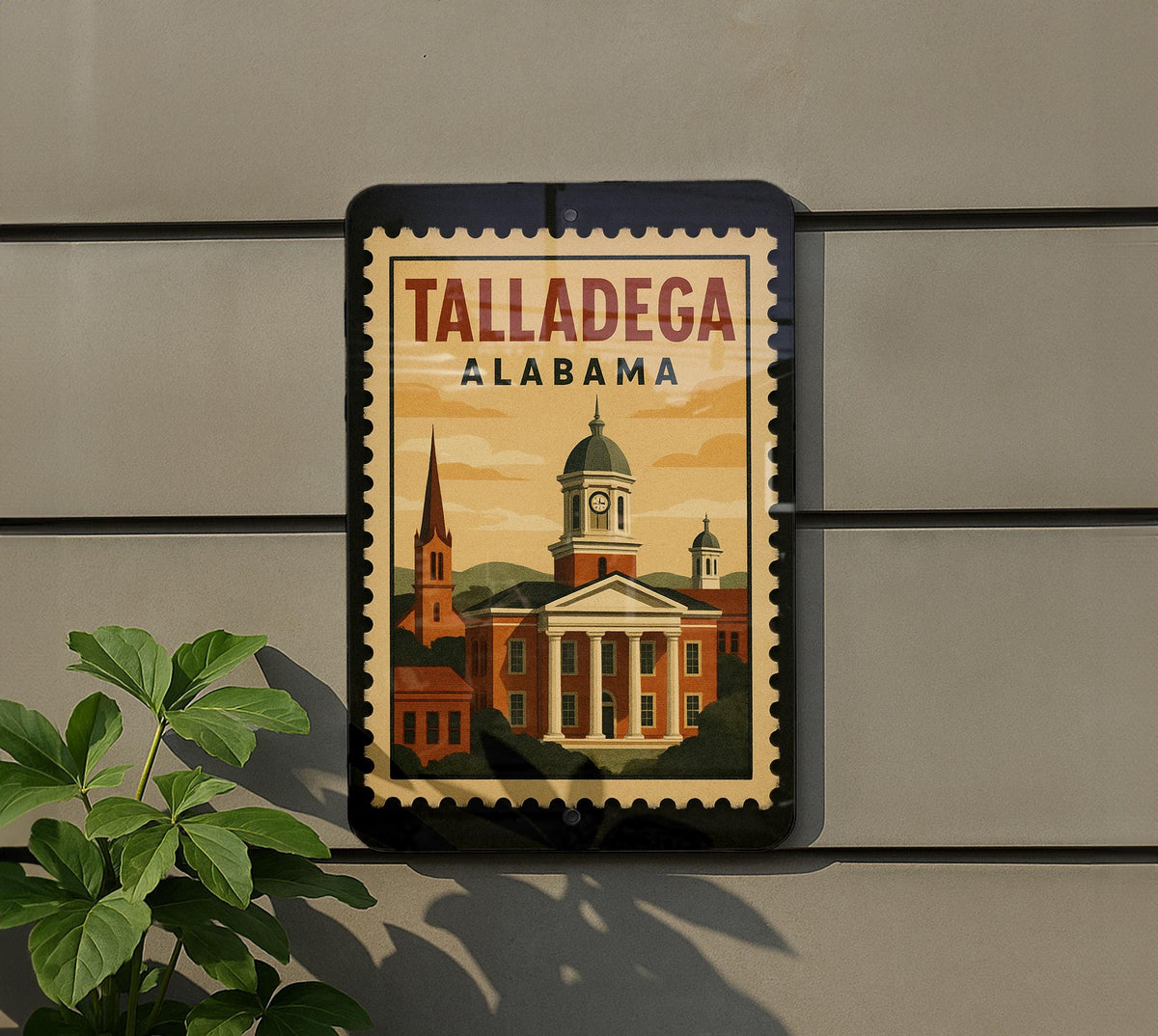 Talladega Alabama Metal Sign – Retro Postage Stamp Design Featuring City Name and Scenic Landmark Theme — photo 5