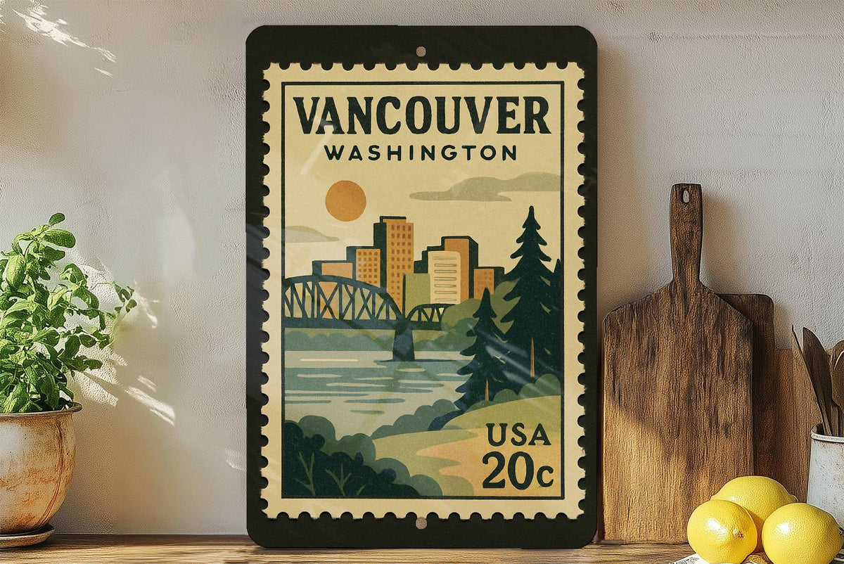 Vancouver Washington Postage Stamp Metal Sign – Retro Travel Design Featuring City Name and Scenic Elements — photo 3
