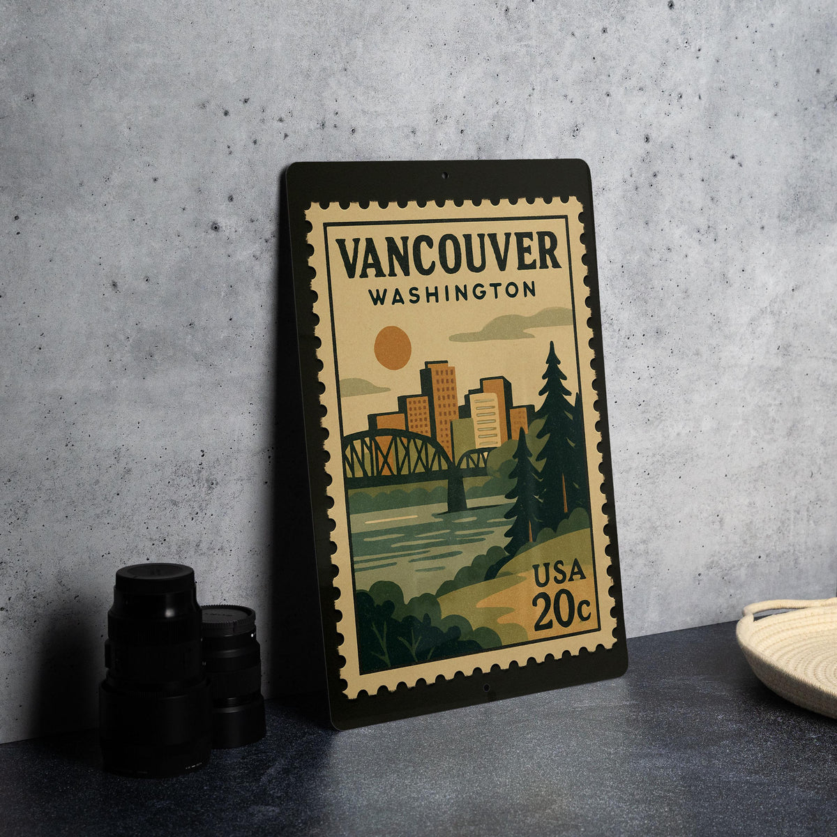 Vancouver Washington Postage Stamp Metal Sign – Retro Travel Design Featuring City Name and Scenic Elements — photo 4