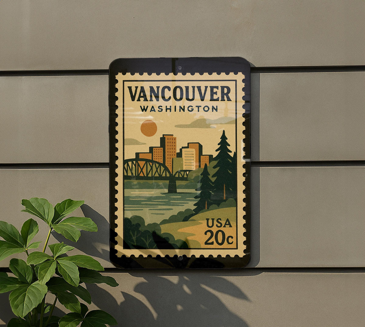 Vancouver Washington Postage Stamp Metal Sign – Retro Travel Design Featuring City Name and Scenic Elements — photo 5