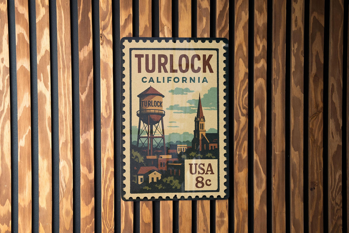 Turlock California Metal Sign – Retro Postage Stamp Design Featuring City Name and Scenic Landmark Elements — photo 1