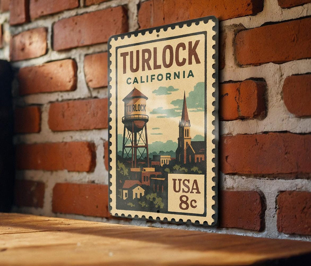 Turlock California Metal Sign – Retro Postage Stamp Design Featuring City Name and Scenic Landmark Elements — photo 3