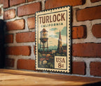 Turlock California Metal Sign – Retro Postage Stamp Design Featuring City Name and Scenic Landmark Elements — photo 3