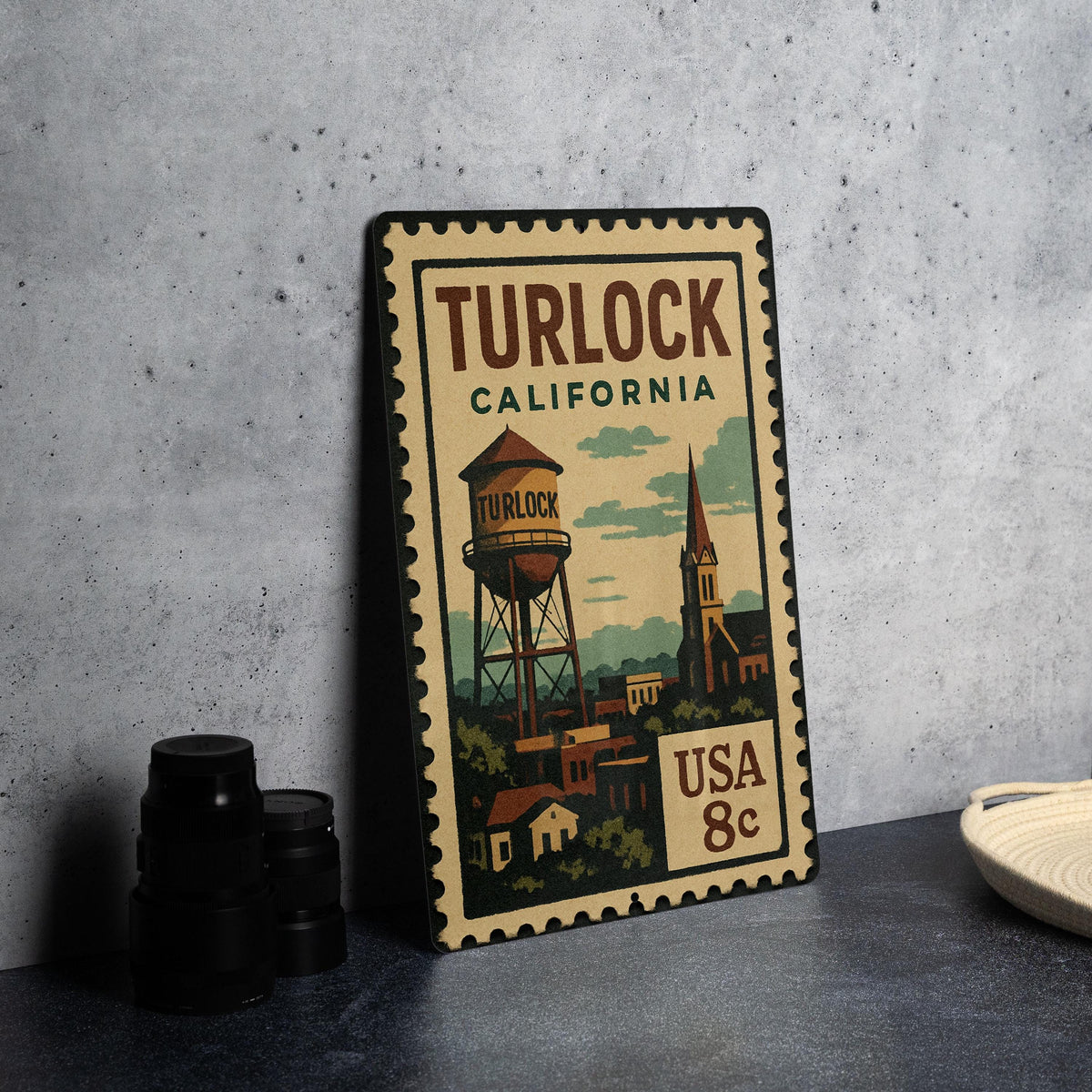 Turlock California Metal Sign – Retro Postage Stamp Design Featuring City Name and Scenic Landmark Elements — photo 4