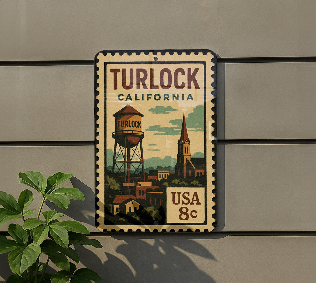 Turlock California Metal Sign – Retro Postage Stamp Design Featuring City Name and Scenic Landmark Elements — photo 5
