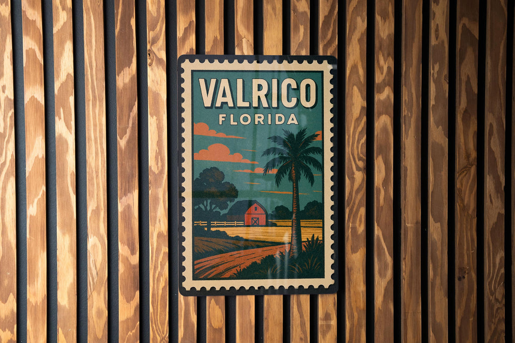 Valrico Florida Metal Sign – Retro Postage Stamp Design Featuring City Name and Vintage Travel Theme — photo 1