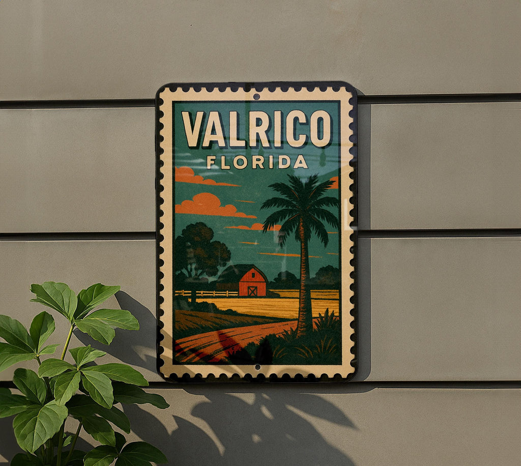 Valrico Florida Metal Sign – Retro Postage Stamp Design Featuring City Name and Vintage Travel Theme — photo 5