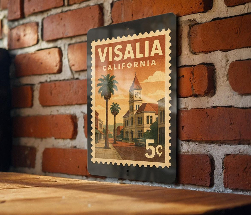 Visalia California Postage Stamp Design Metal Sign – Vintage-Inspired Visalia Wall Decor for Home or Office — photo 1