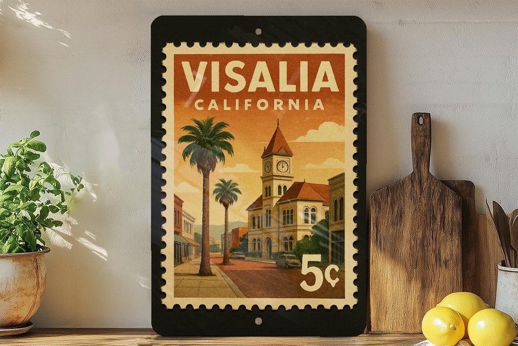 Visalia California Postage Stamp Design Metal Sign – Vintage-Inspired Visalia Wall Decor for Home or Office — photo 2