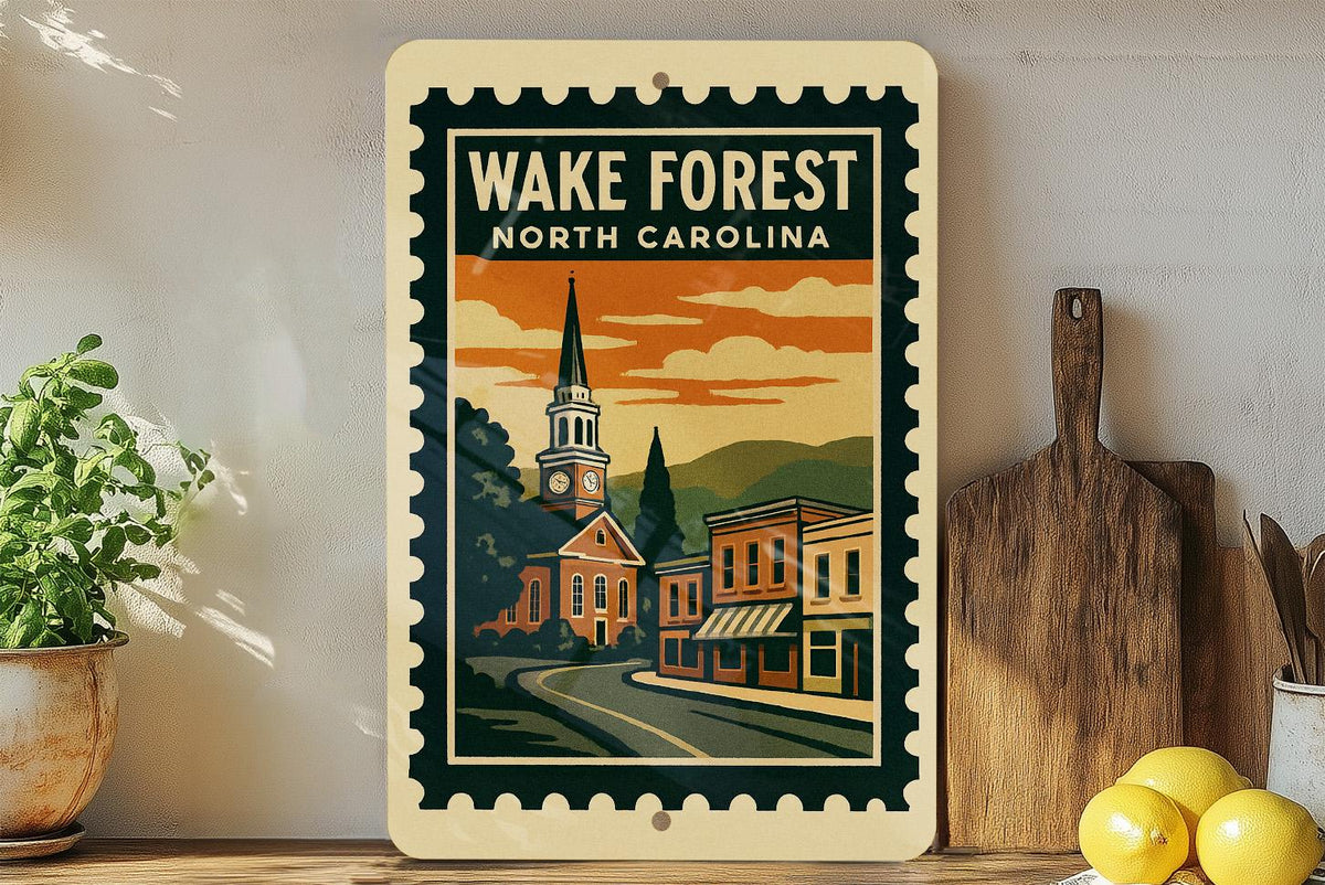 Wake Forest North Carolina Metal Sign – Retro Postage Stamp Design Featuring City Name and State Souvenir Decor — photo 1