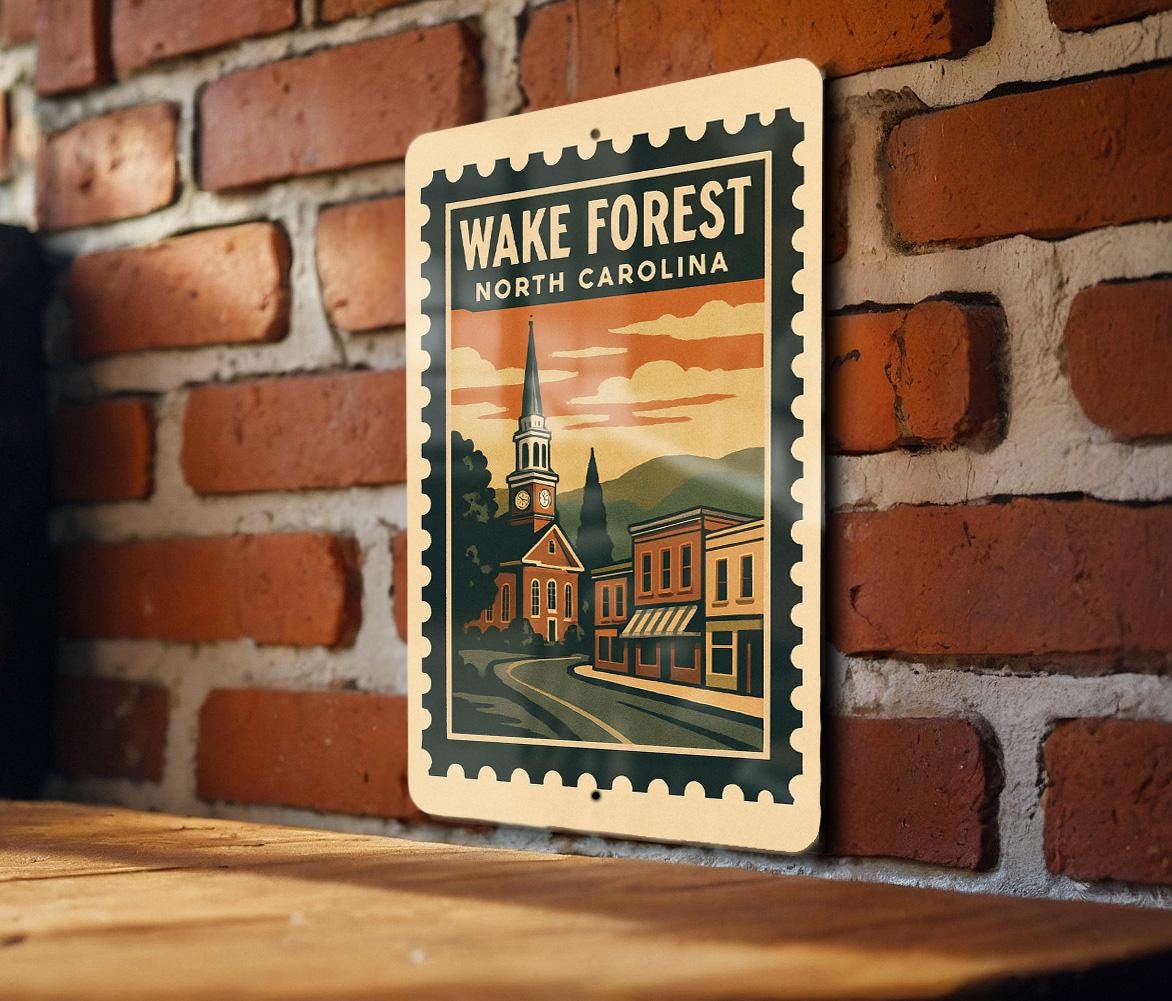 Wake Forest North Carolina Metal Sign – Retro Postage Stamp Design Featuring City Name and State Souvenir Decor — photo 2