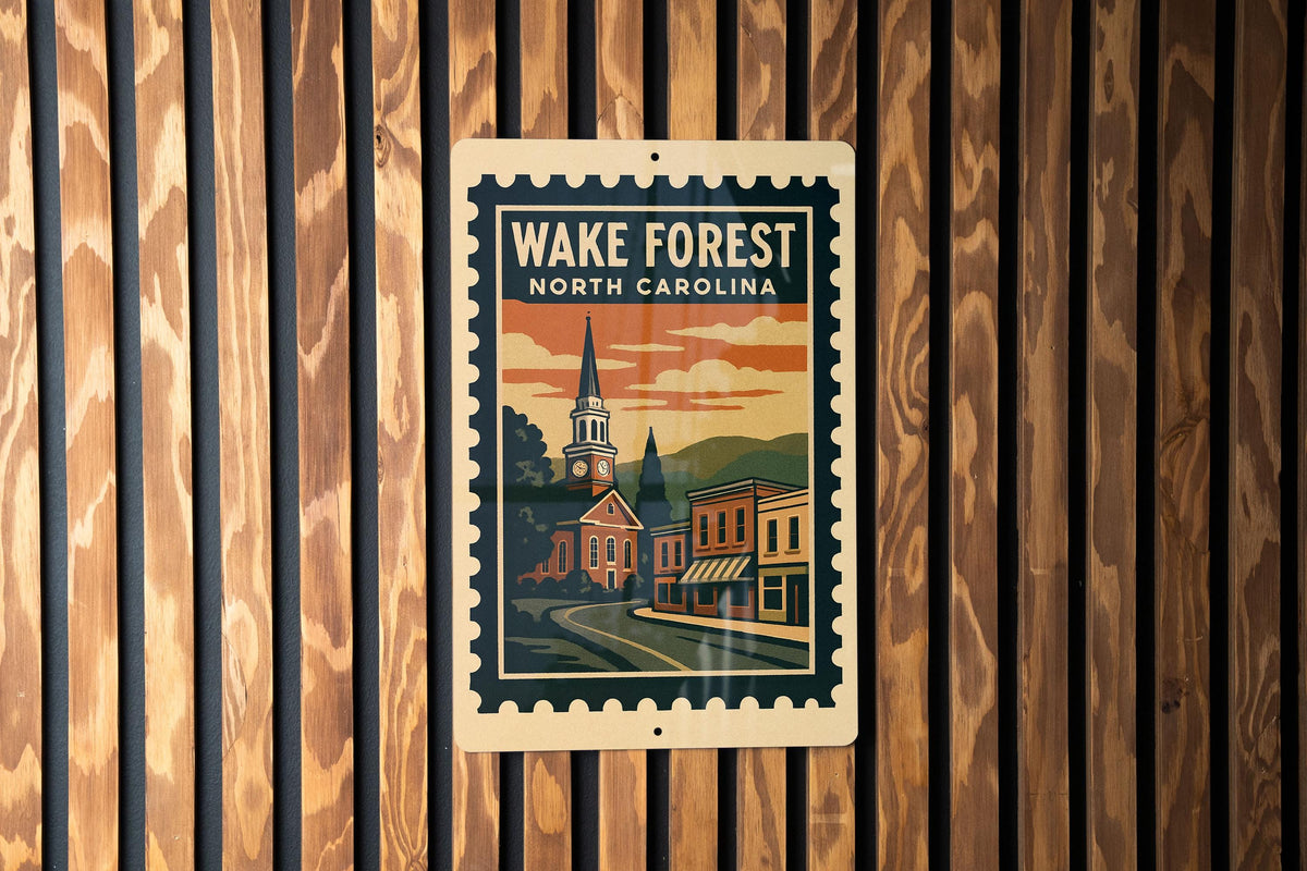 Wake Forest North Carolina Metal Sign – Retro Postage Stamp Design Featuring City Name and State Souvenir Decor — photo 3