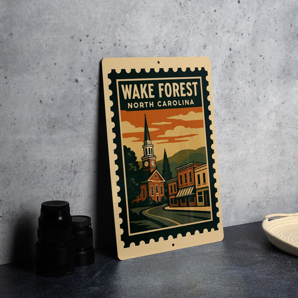 Wake Forest North Carolina Metal Sign – Retro Postage Stamp Design Featuring City Name and State Souvenir Decor — photo 4
