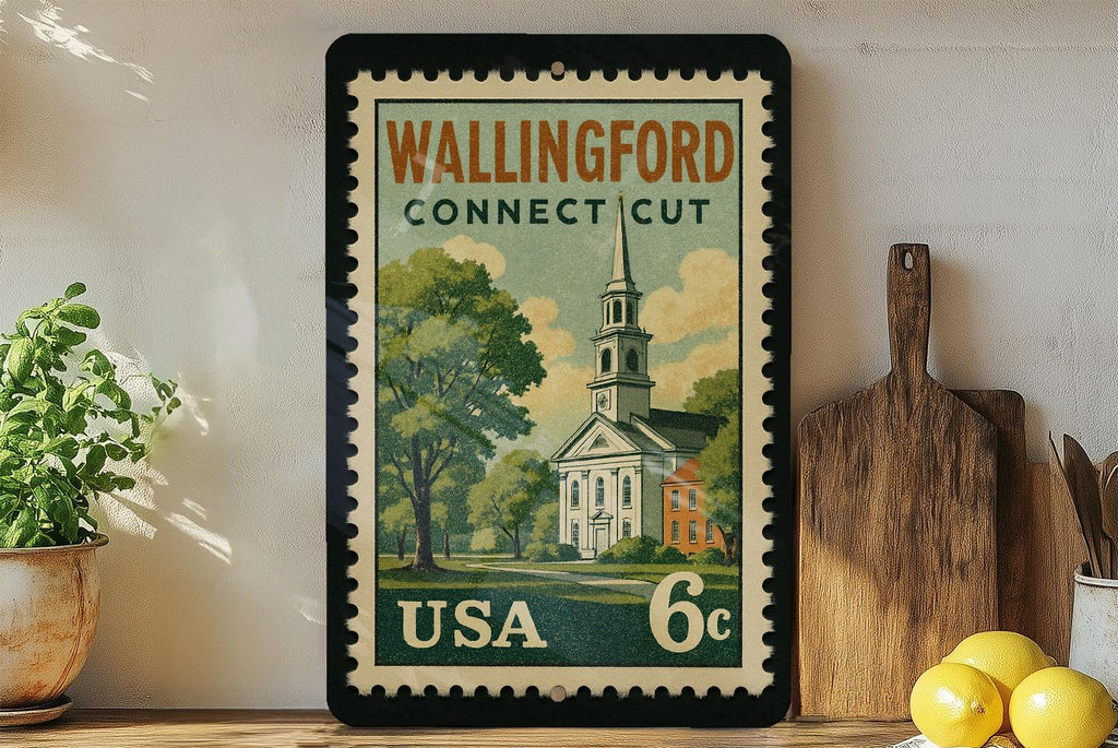 Wallingford Connecticut Metal Sign featuring Retro Postage Stamp Design of Historic Town Scene — photo 2
