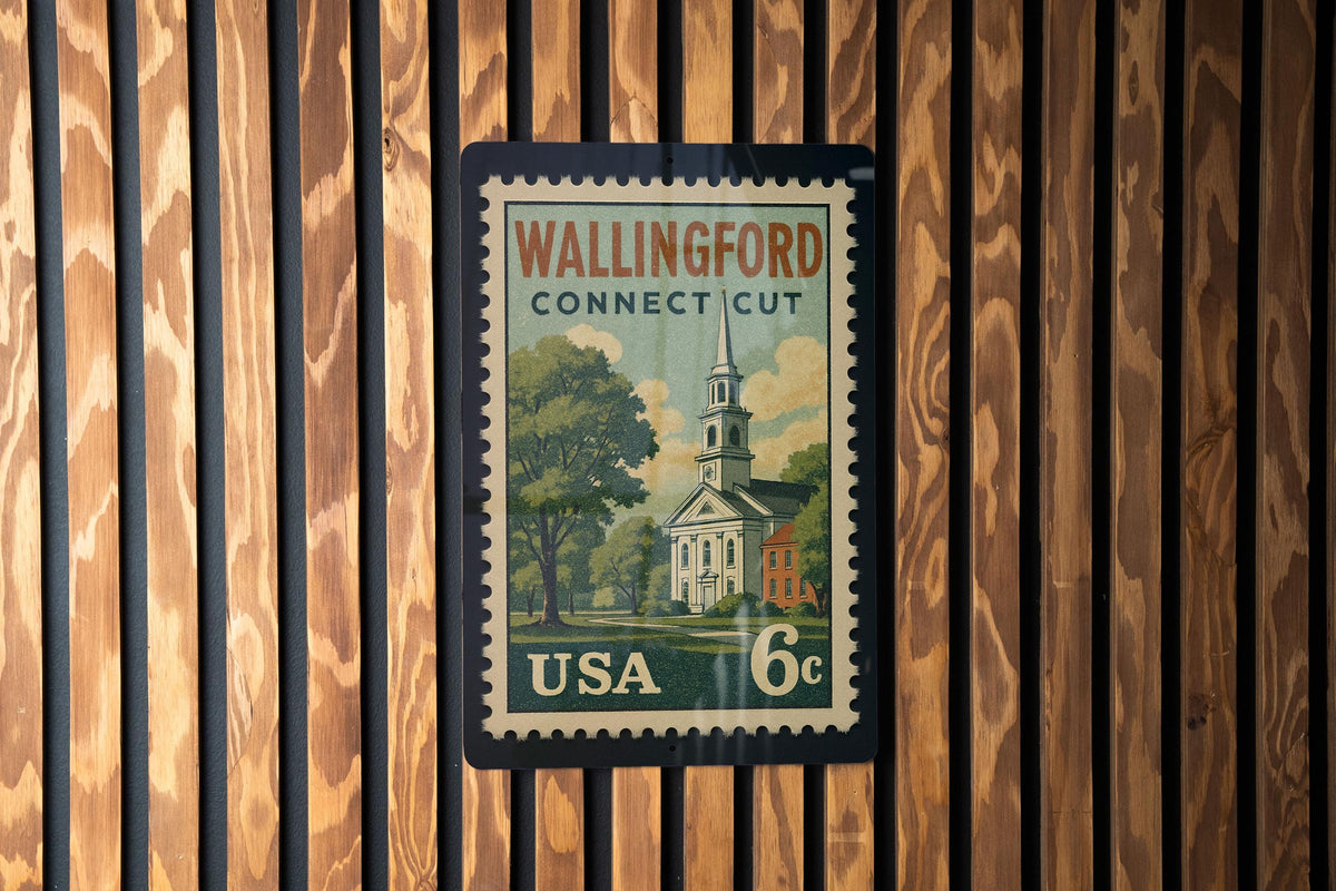 Wallingford Connecticut Metal Sign featuring Retro Postage Stamp Design of Historic Town Scene — photo 3