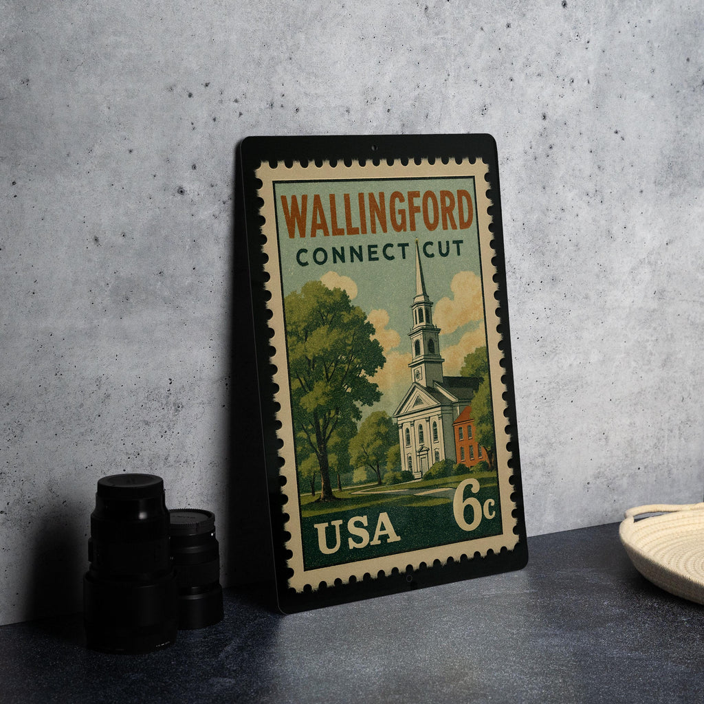 Wallingford Connecticut Metal Sign featuring Retro Postage Stamp Design of Historic Town Scene — photo 4