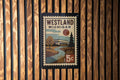 Westland Michigan Metal Sign – Retro Postage Stamp Design Featuring Cityscape and Iconic Local Landmarks — photo 1