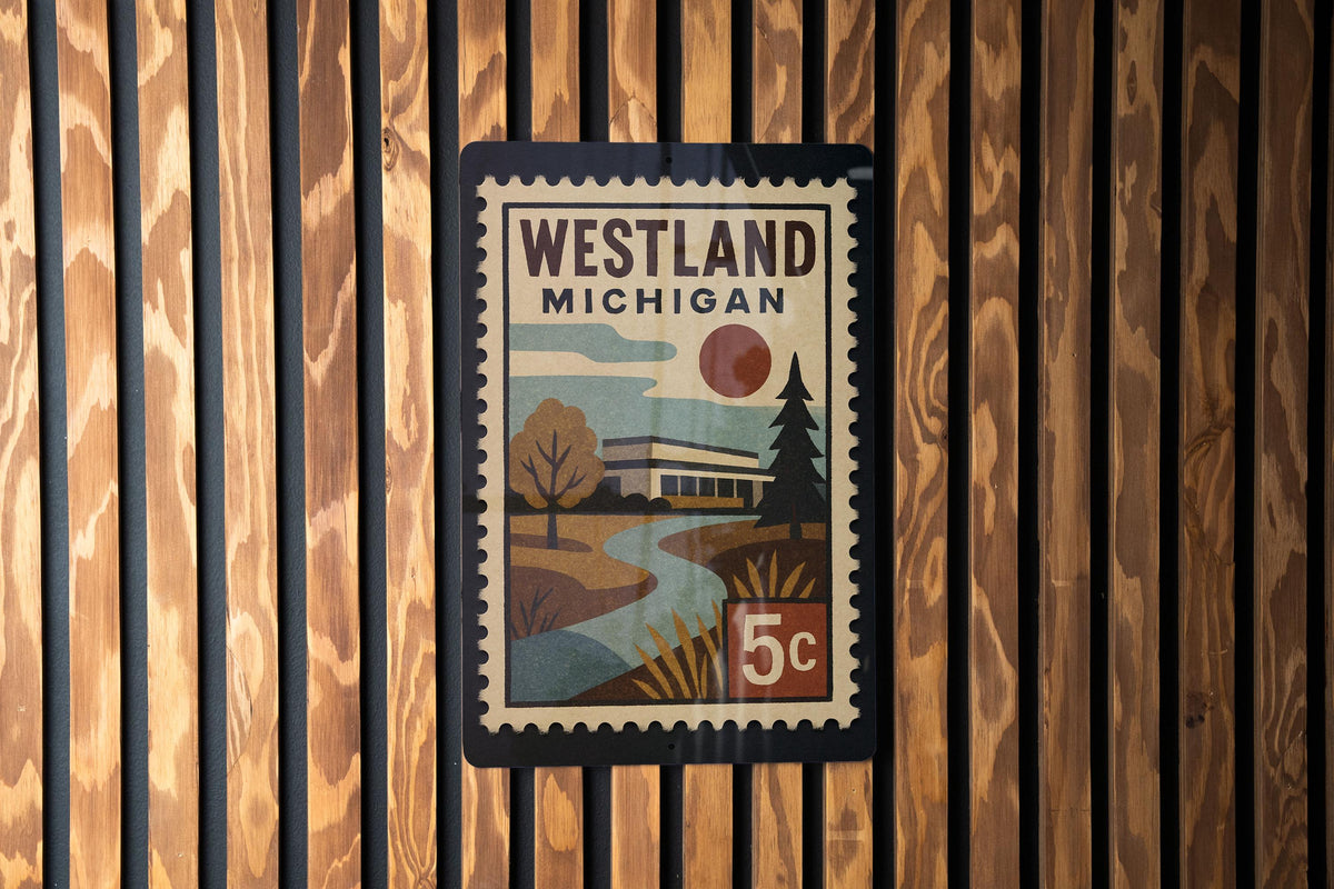 Westland Michigan Metal Sign – Retro Postage Stamp Design Featuring Cityscape and Iconic Local Landmarks — photo 1