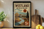 Westland Michigan Metal Sign – Retro Postage Stamp Design Featuring Cityscape and Iconic Local Landmarks — photo 2