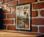 Westland Michigan Metal Sign – Retro Postage Stamp Design Featuring Cityscape and Iconic Local Landmarks — photo 3