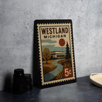 Westland Michigan Metal Sign – Retro Postage Stamp Design Featuring Cityscape and Iconic Local Landmarks — photo 4