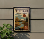Westland Michigan Metal Sign – Retro Postage Stamp Design Featuring Cityscape and Iconic Local Landmarks — photo 5