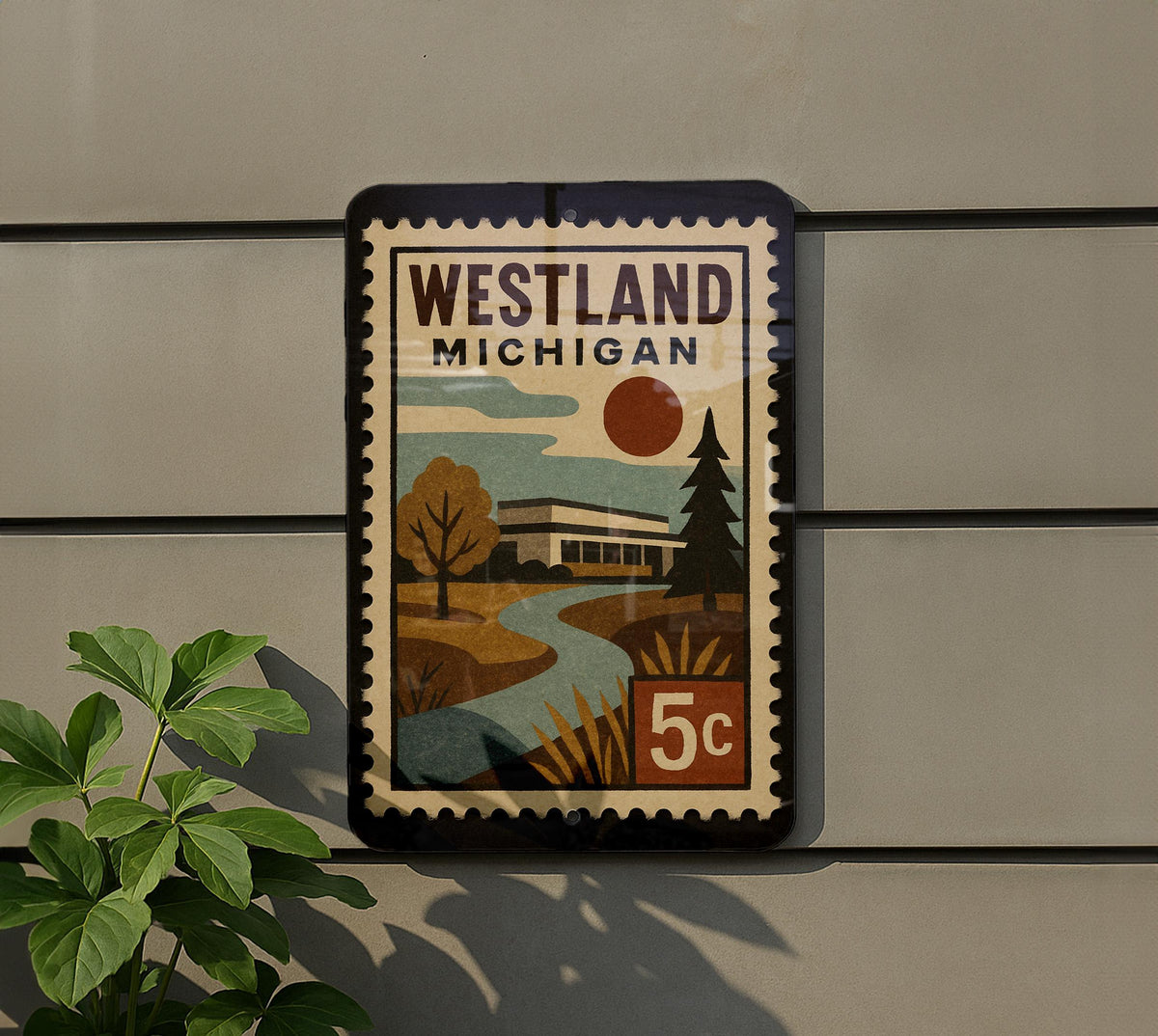 Westland Michigan Metal Sign – Retro Postage Stamp Design Featuring Cityscape and Iconic Local Landmarks — photo 5