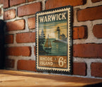 Warwick Rhode Island Metal Sign Featuring Retro Postage Stamp Design with Coastal Scenery and Historic Landmarks — photo 1