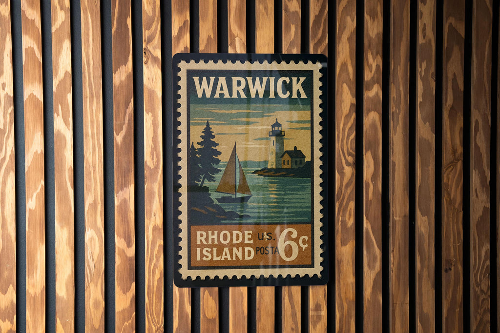Warwick Rhode Island Metal Sign Featuring Retro Postage Stamp Design with Coastal Scenery and Historic Landmarks — photo 2
