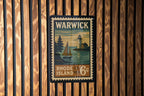 Warwick Rhode Island Metal Sign Featuring Retro Postage Stamp Design with Coastal Scenery and Historic Landmarks — photo 2