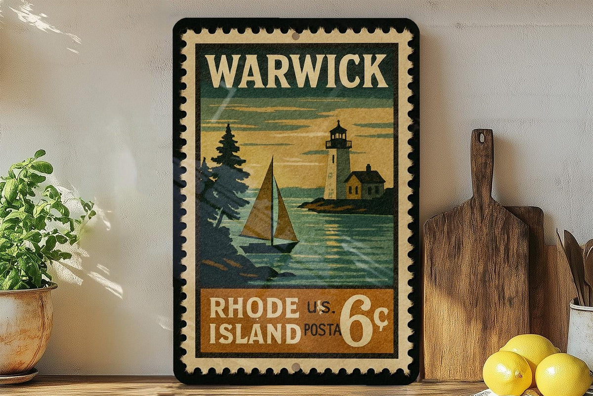 Warwick Rhode Island Metal Sign Featuring Retro Postage Stamp Design with Coastal Scenery and Historic Landmarks — photo 3