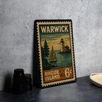Warwick Rhode Island Metal Sign Featuring Retro Postage Stamp Design with Coastal Scenery and Historic Landmarks — photo 4