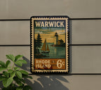 Warwick Rhode Island Metal Sign Featuring Retro Postage Stamp Design with Coastal Scenery and Historic Landmarks — photo 5