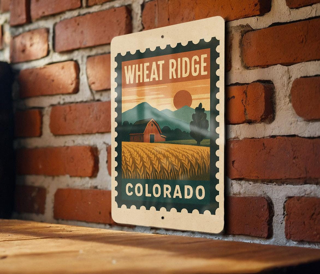 Wheat Ridge Colorado Metal Sign – Retro Postage Stamp Design Featuring Cityscape and Mountain Scene — photo 1