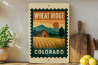 Wheat Ridge Colorado Metal Sign – Retro Postage Stamp Design Featuring Cityscape and Mountain Scene — photo 2
