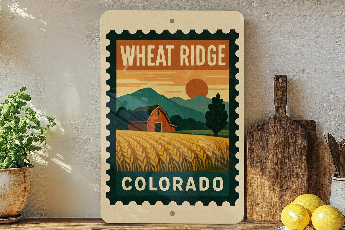 Wheat Ridge Colorado Metal Sign – Retro Postage Stamp Design Featuring Cityscape and Mountain Scene — photo 2