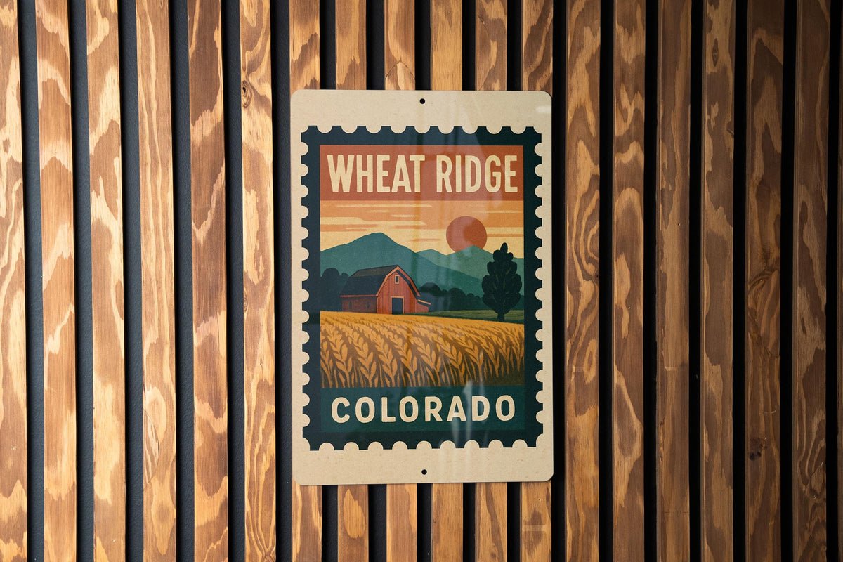 Wheat Ridge Colorado Metal Sign – Retro Postage Stamp Design Featuring Cityscape and Mountain Scene — photo 3