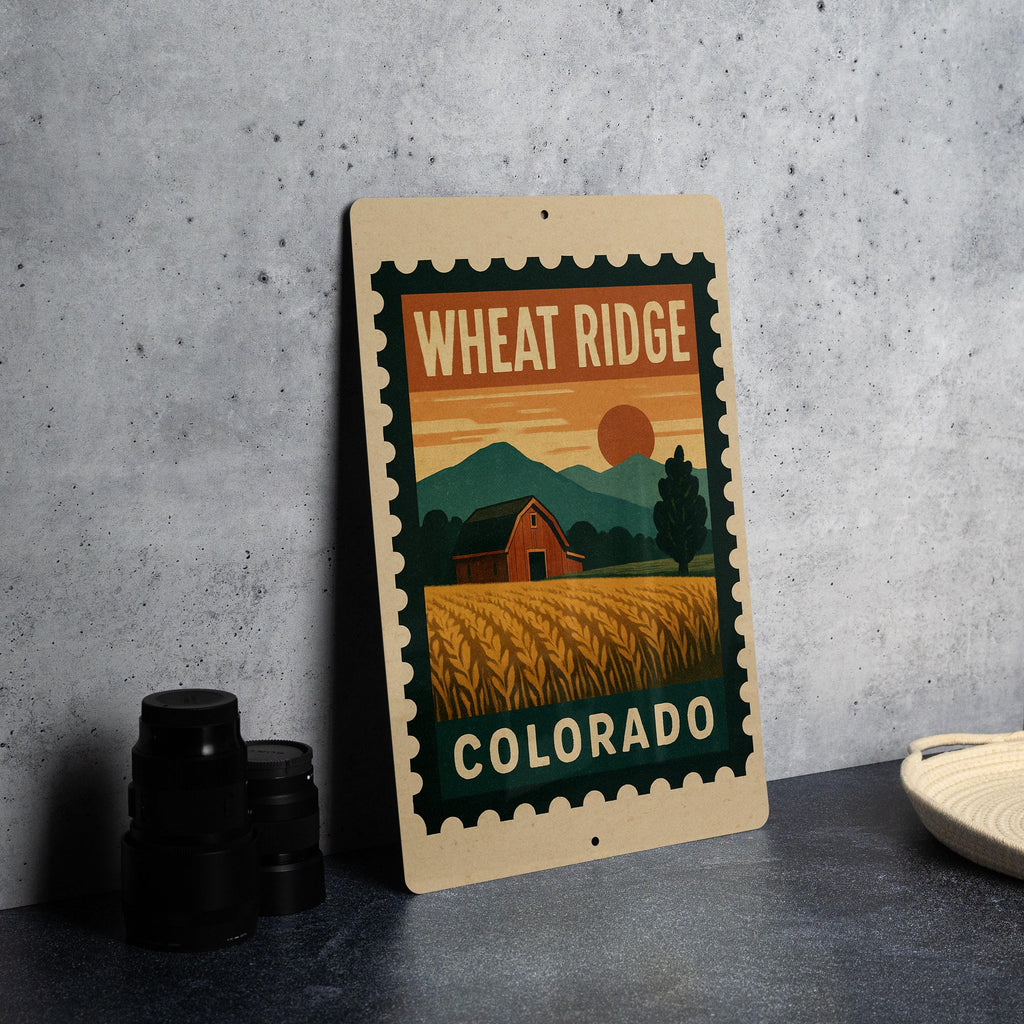 Wheat Ridge Colorado Metal Sign – Retro Postage Stamp Design Featuring Cityscape and Mountain Scene — photo 4
