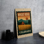 Wheat Ridge Colorado Metal Sign – Retro Postage Stamp Design Featuring Cityscape and Mountain Scene — photo 4
