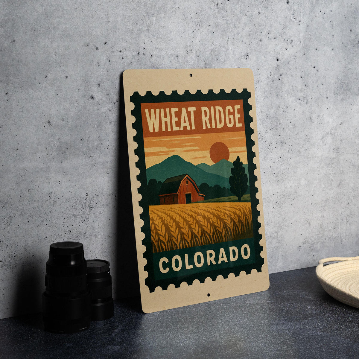 Wheat Ridge Colorado Metal Sign – Retro Postage Stamp Design Featuring Cityscape and Mountain Scene — photo 4