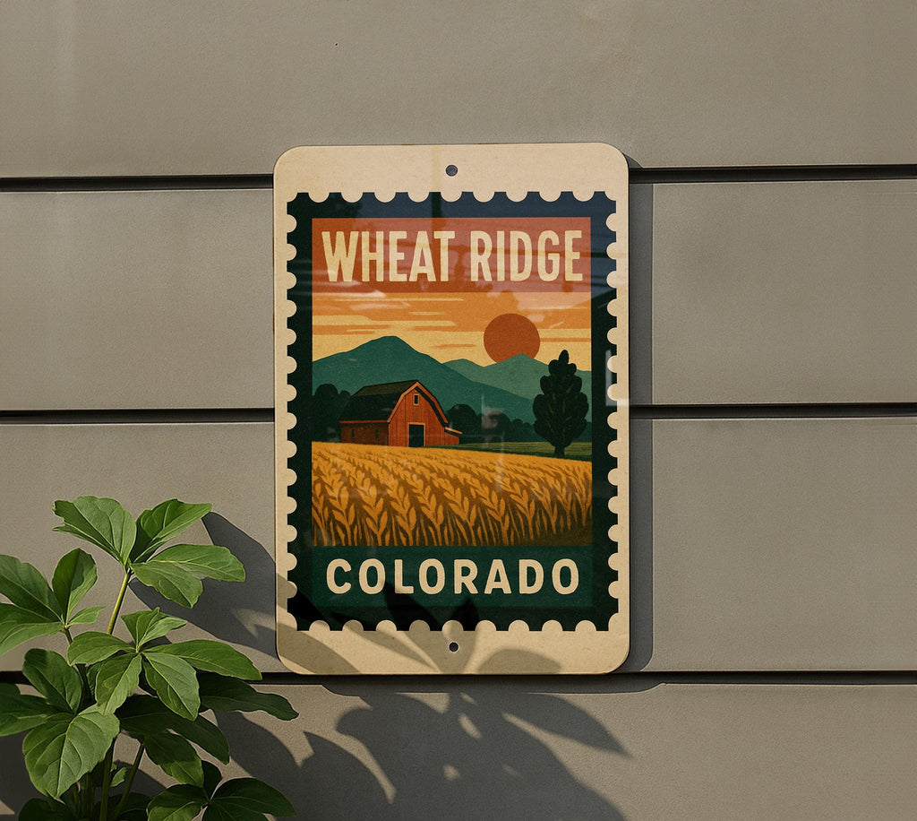 Wheat Ridge Colorado Metal Sign – Retro Postage Stamp Design Featuring Cityscape and Mountain Scene — photo 5