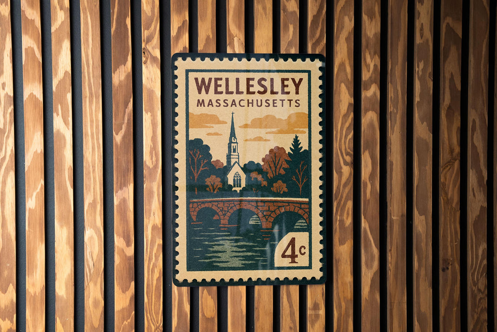 Wellesley Massachusetts Metal Sign Featuring Retro Postage Stamp Design of Historic Town Landmarks and Scenic Views — photo 1