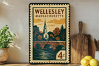 Wellesley Massachusetts Metal Sign Featuring Retro Postage Stamp Design of Historic Town Landmarks and Scenic Views — photo 2