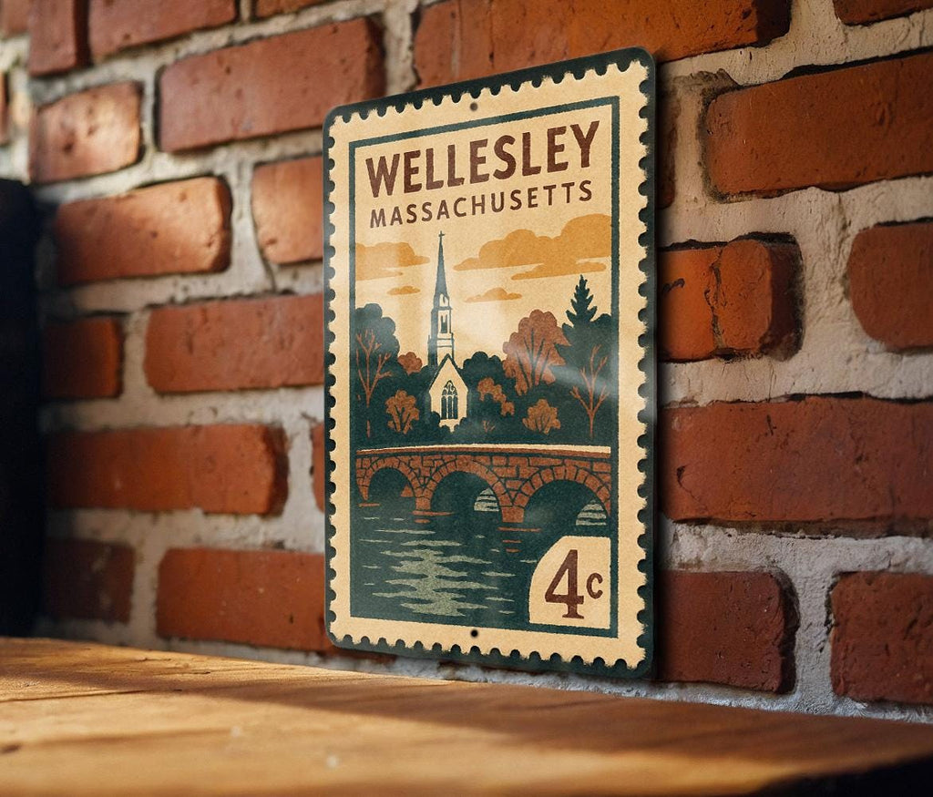 Wellesley Massachusetts Metal Sign Featuring Retro Postage Stamp Design of Historic Town Landmarks and Scenic Views — photo 3