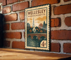 Wellesley Massachusetts Metal Sign Featuring Retro Postage Stamp Design of Historic Town Landmarks and Scenic Views — photo 3