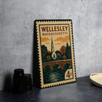 Wellesley Massachusetts Metal Sign Featuring Retro Postage Stamp Design of Historic Town Landmarks and Scenic Views — photo 4