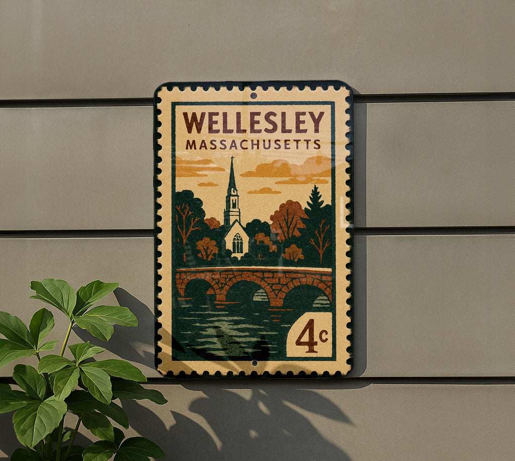 Wellesley Massachusetts Metal Sign Featuring Retro Postage Stamp Design of Historic Town Landmarks and Scenic Views — photo 5