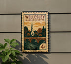 Wellesley Massachusetts Metal Sign Featuring Retro Postage Stamp Design of Historic Town Landmarks and Scenic Views — photo 5