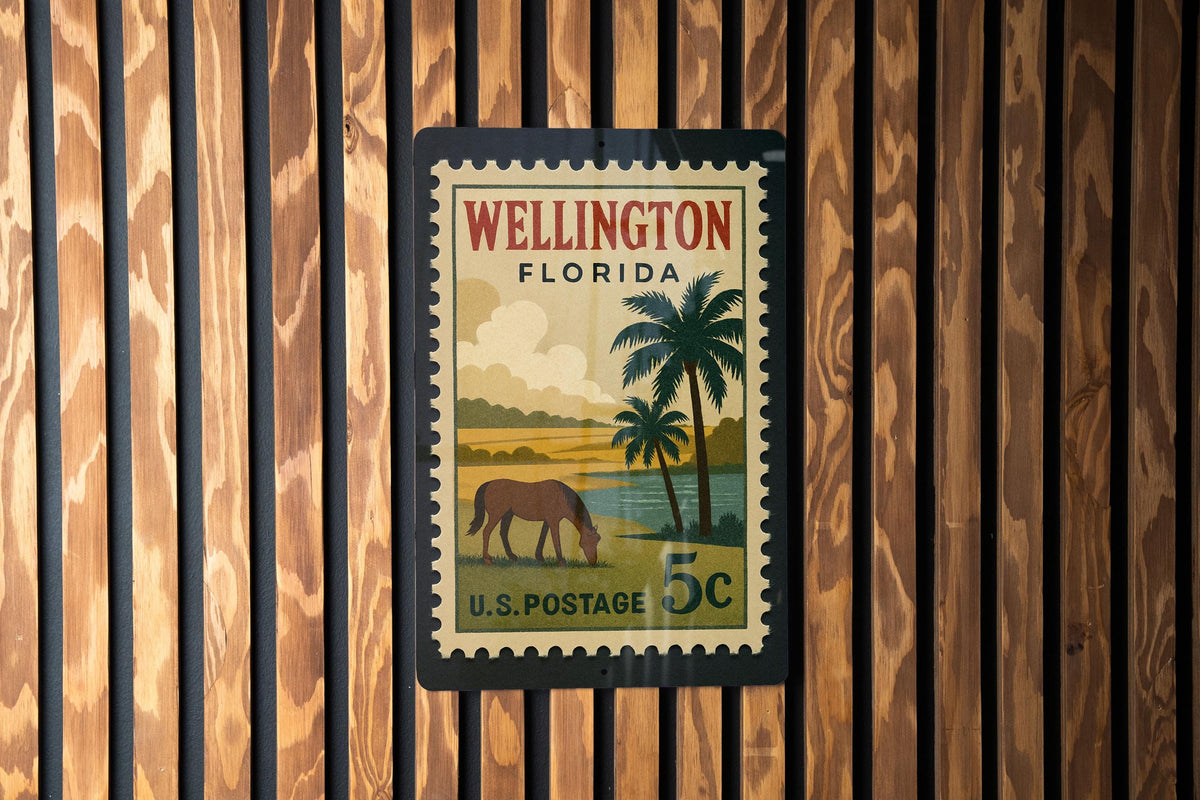 Wellington Florida Metal Sign Featuring Retro Postage Stamp Design with Palm Trees and Equestrian Theme Décor — photo 1