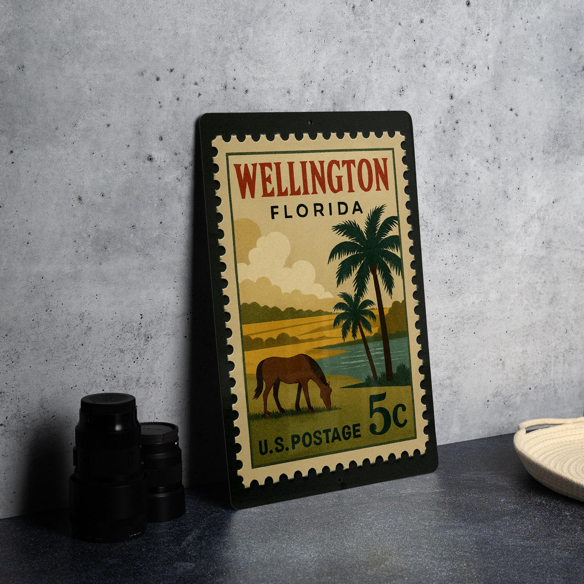 Wellington Florida Metal Sign Featuring Retro Postage Stamp Design with Palm Trees and Equestrian Theme Décor — photo 4